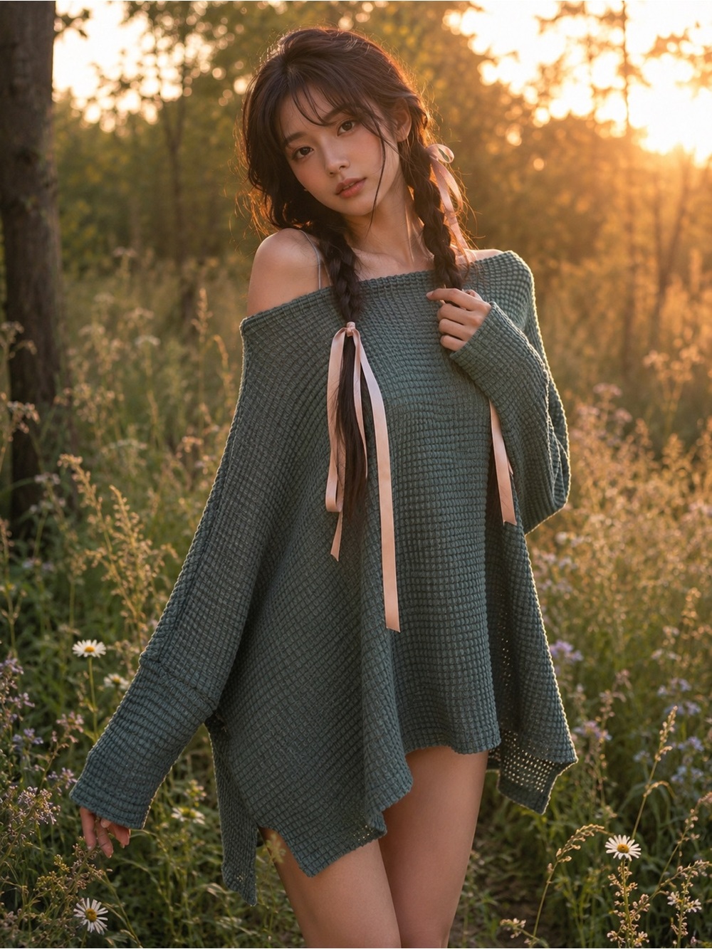 Soft Skies & Slow Mornings Slouchy slv Waffle-Knit Off-Shoulder drapey Sweater
